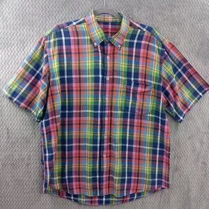 Alan Flusser Colorful Rainbow Plaid Shirt Mens Size L Button Up Short Sleeve